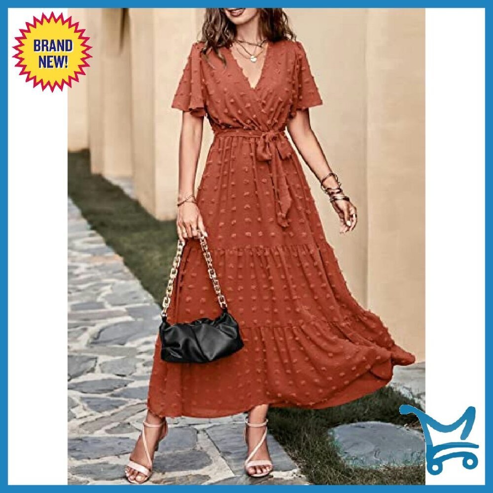 Swiss Dot Maxi Dress Wrap V Neck Flutter Sleeve Boho Wedding Guest - Picture 5 of 8